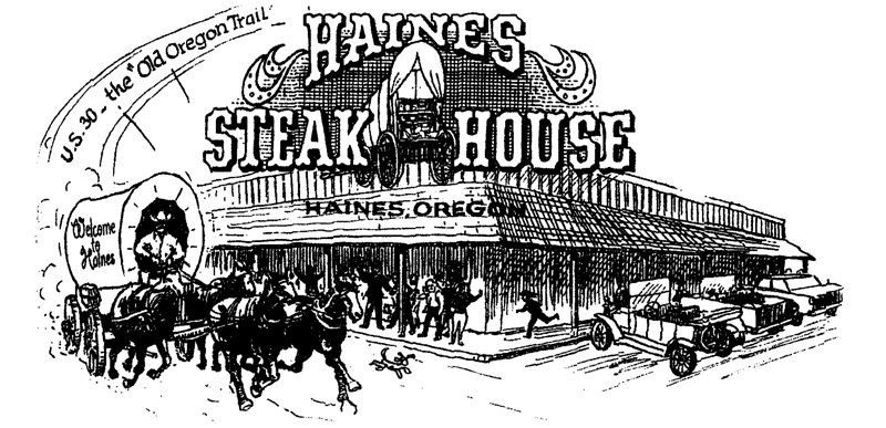 Haines Steak House Old-West illustration, featuring four horse drawn wagon.